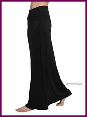 High Waist Flare Maxi Skirt Fold-Over Waistband Comfy Stretch